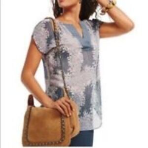 CAbi Blue & Grayish Purple Floral Semi Sheer Top